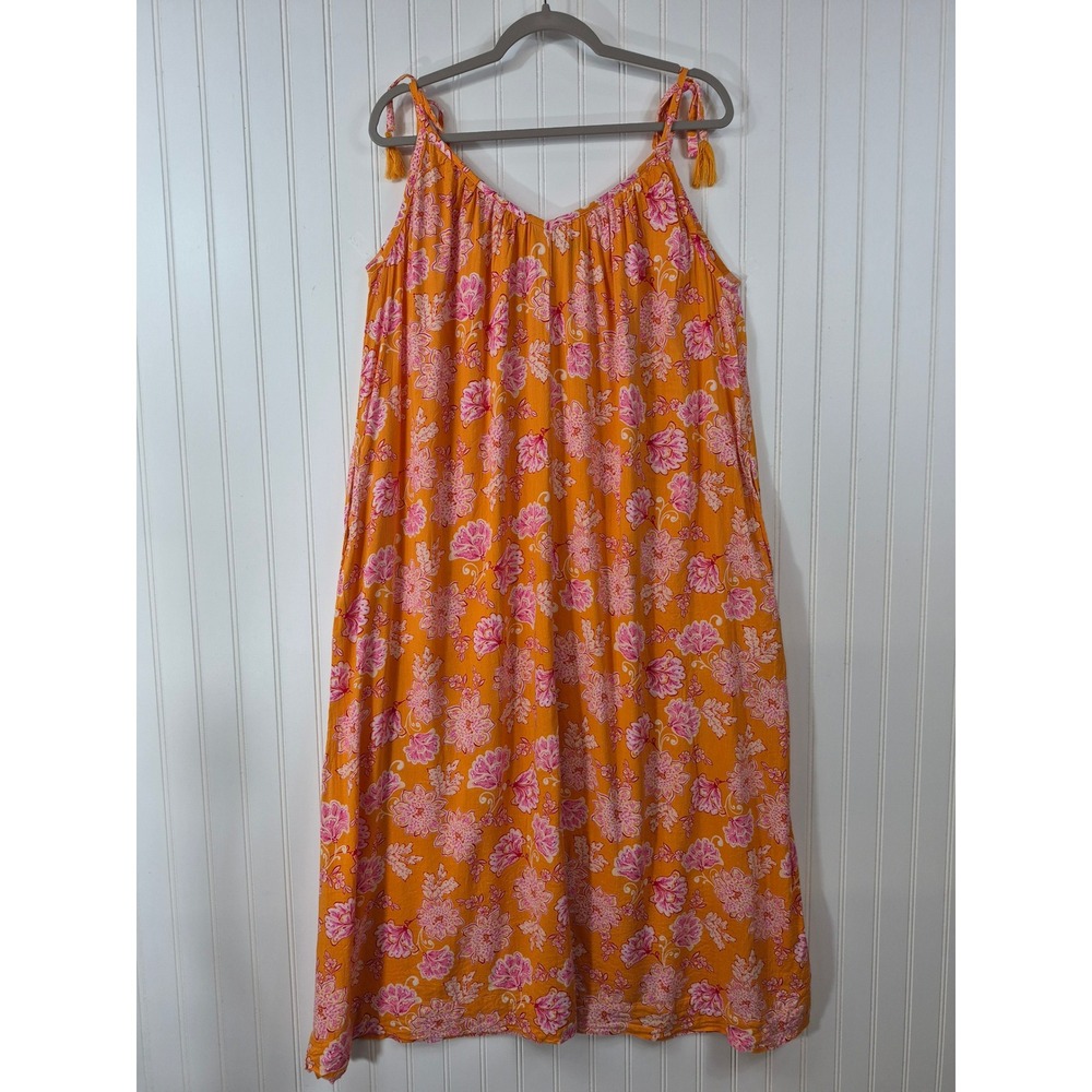 Old Navy Orange Pink Floral Maxi Dress Tie Shoulder Tassel Sleeveless Womens L